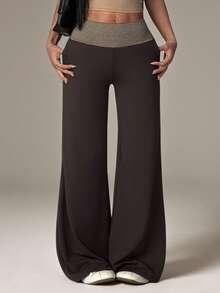 SHEIN PETITE Casual Loose Striped Patchwork Wide Leg Pants - Army Green - View 11