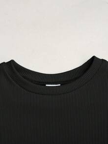 SHEIN Girlism 青少年女孩夏季新款藍色純色短袖T恤與防走光裙套裝 - 黑色 - 查看 9