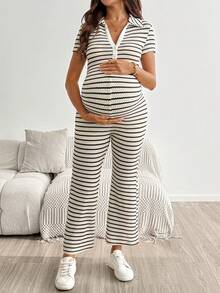 SHEIN Maternity Summer Casual Striped Jumpsuit Autumn Outfit Work Outfits - Multicolor - View 7