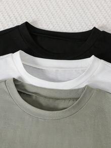 SHEIN 6件組 青少年男孩舒適休閒風壓紋圓領短袖T恤上衣搭配裝飾短褲兩件套，適合外出、街拍、派對與休閒穿著 - 彩色 - 查看 3
