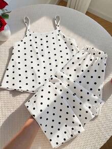 SHEIN 女童圓點編織細肩帶上衣與長褲兩件套 - 白色 - 查看 4