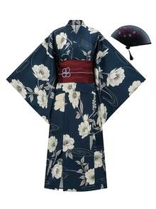 Irokai 日式傳統夏季女款兩件式浴衣和服，花卉印花（不含腰帶） - 藏蓝色 - 查看 4