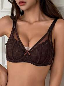 DAZY Mesh & Contrast Lace Lightweight Padded Sexy Bra - Coffee Brown - View 7