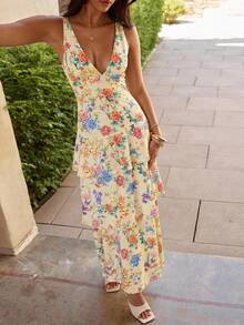 KARISMINA 女款春夏時尚休閒優雅浪漫度假婚禮賓客印花多層洋裝，粉色印花洋裝與綠色印花洋裝 - 淡黃色 - 查看 1
