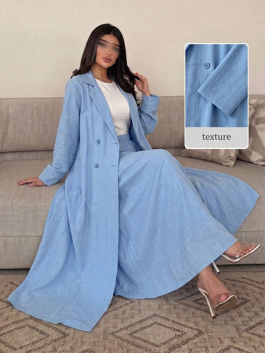 Yasveil Suit Peak Lapel Double-Breasted Long Sleeve Abaya And Elastic Waist Flared Skirt Set