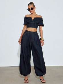 Hauture Pantalones largos de mezclilla con puños abullonados plisados, estilo sexy y casual para mujer - Azul - Ver 1