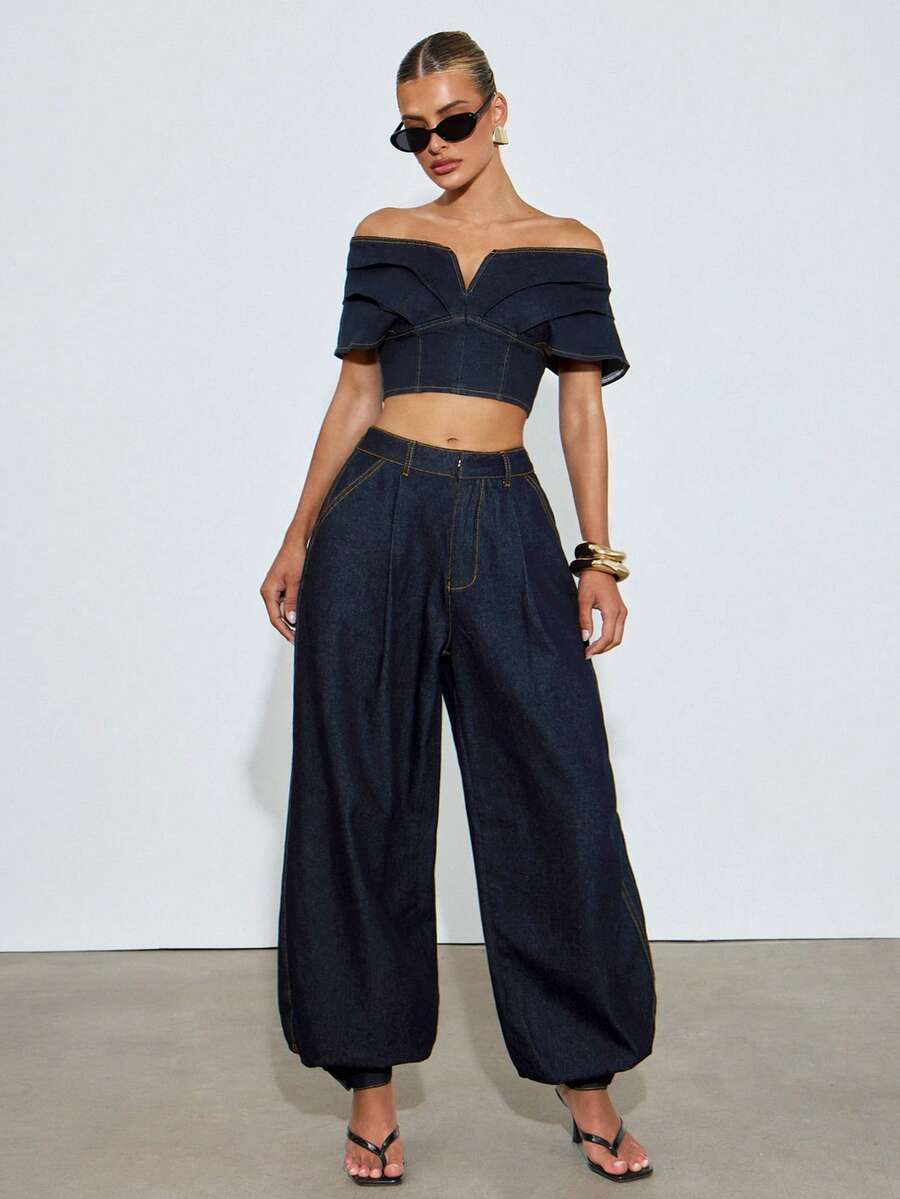 Hauture Pantalones largos de mezclilla con puños abullonados plisados, estilo sexy y casual para mujer - Azul - Ver 1