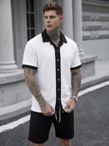 Manfinity CasualCool Men's Knit Jacquard Solid Color Patchwork Shirt Set - Multicolor - View 4