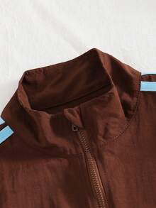 SHEIN Tween Girls Long Sleeve Fleece Fall Outfits Back To School Fall Casual Cute Daily Bow Striped Jacket Pants /Set Zipper Front - Brown - View 3