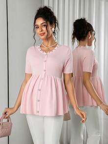 Momance Maternity Fitted Cardigan Sweater With Beaded Rhinestone Collar, Doll Hem Design, Round Neck Knit Short Sleeve For Casual, Elegant Baby Shower   Fall - Pink - View 1