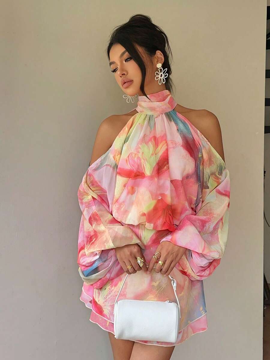 Aloruh 女款秋冬新款長袖素色杏色迷你洋裝,燈籠袖設計 A 字版型,派對約會下午茶洋裝 - 粉色 - 查看 1