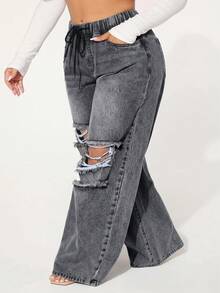 SHEIN SXY Celana Jeans Denim Kasual Wanita Ukuran Besar dengan Tali Serut di Pinggang dan Saku, Model Lebar dan Rusak. - Light Grey - View 1