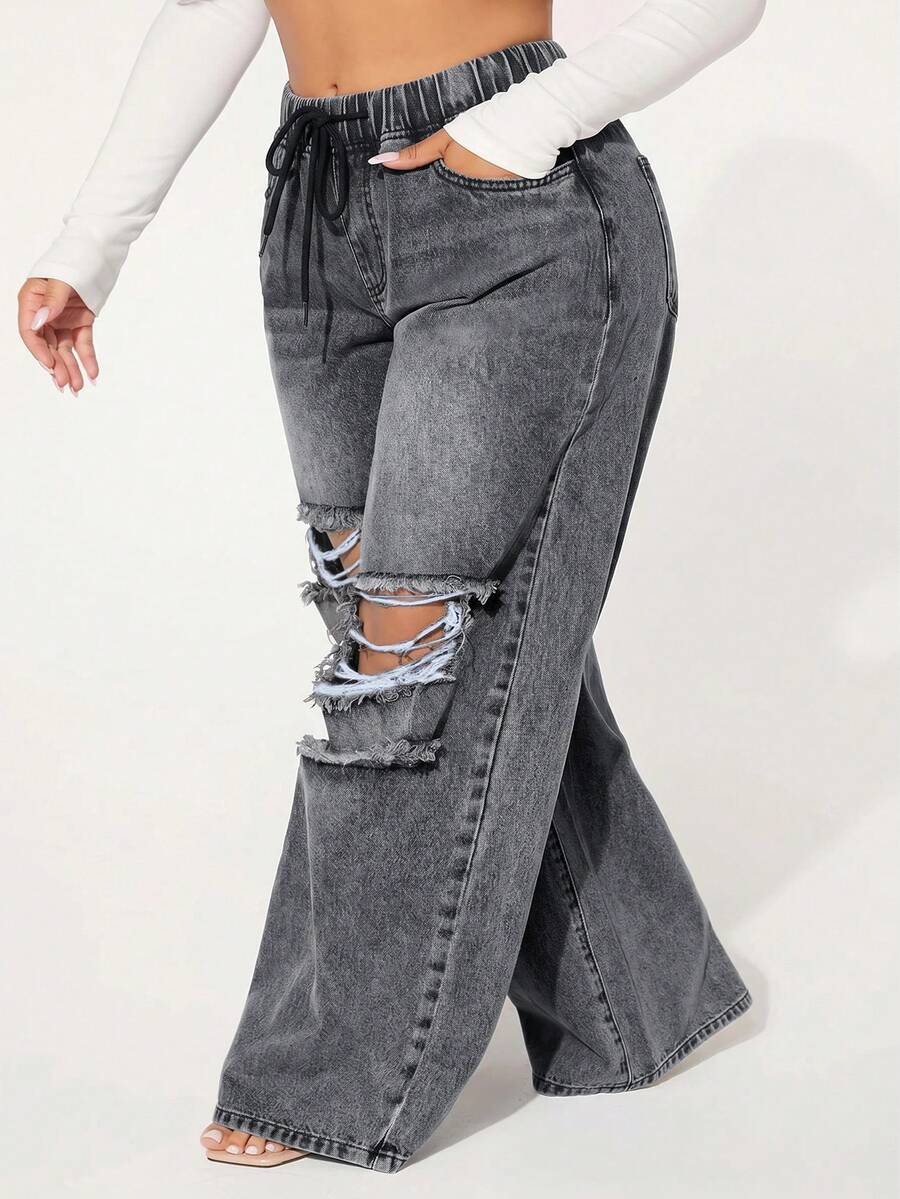 SHEIN SXY Celana Jeans Denim Kasual Wanita Ukuran Besar dengan Tali Serut di Pinggang dan Saku, Model Lebar dan Rusak. - Light Grey - View 1