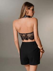Nuvra Débardeur ajusté sexy à col licou en dentelle florale pour femmes - Noir - Voir 2
