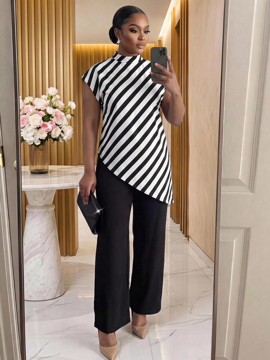 SHEIN Lady 大尺碼女款立領條紋上衣與長褲休閒日常兩件套 - 彩色 - 查看 1