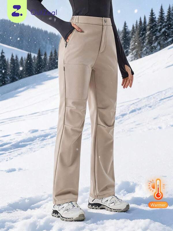 OutZeal Pantalones para mujer para exteriores con forro térmico, resistentes al agua, elásticos, con bolsillo con cremallera para senderismo y camping