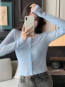 DAZY 春秋款藍色修身甜美罩衫長袖女上衣 - 藍色 - 查看 5
