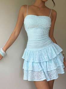 Aloruh Women's Textured Multi-Layer Cake Ruffle Cami Romper Vacation Club Light Blue Summer Sexy Cute - Apricot - View 4