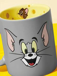TOM & JERRY X SHEIN 卡通貓鼠陶瓷馬克杯，13.53oz/400ml 創意咖啡杯，內壁印有起司圖案，適合粉絲、居家、辦公室及送禮 - 灰色 - 查看 6