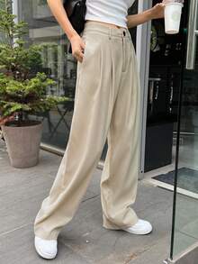 DAZY 女士纯色褶皱直筒休闲商务裤女式正装裤秋季 - 米色 - 查看 4