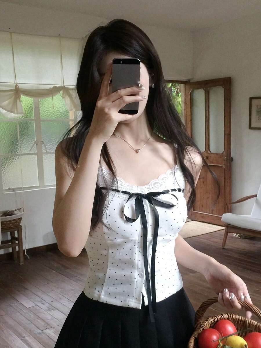 DAZY 女款韓式波點優雅女孩無袖蝴蝶結襯衫夏季可愛上衣 - 白色 - 查看 1