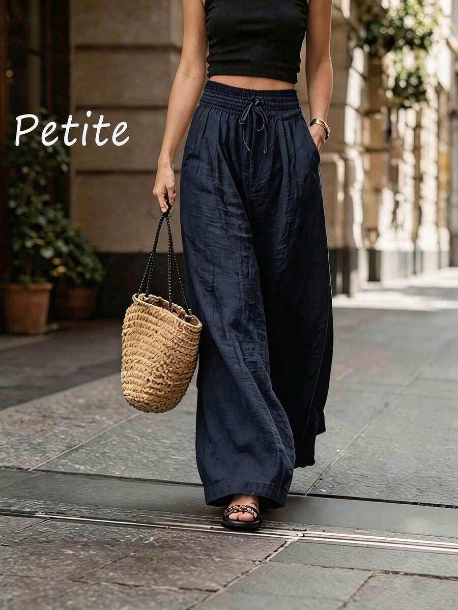 SHEIN PETITE 女款抽繩腰褶皺口袋寬鬆素色休閒長褲 - 寶藍色 - 查看 1