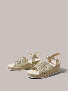 Styleloop Women's Fashionable Versatile Buckle Design Thick Bottom Wedge Sandals For Daily Wear Holiday Travel Essential Boho Cowgirl Outfit - Gold - View 4
