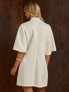 COSMINA Women's High Neck Mid-Sleeve Off-White Dress, Minimalist Elegant Fashion Daily Versatile, Streetwear, Home Wear Brunch Summer - White - View 6