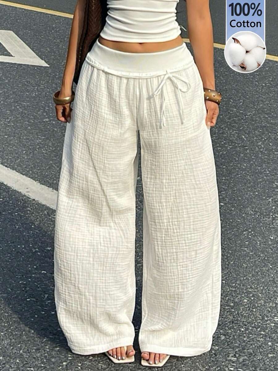 Coolane 女款夏季鄉村音樂會外穿海灘套裝 波西米亞風基礎極簡水洗100%純棉白色弧形下擺長褲 - 白色 - 查看 1