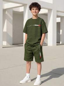 2pcs Vacaura Boy Outfit Teenager (Male) Spring/Summer New Casual Fashion Minimalist Style White Textured Plaid Fabric Paris Print Short Sleeve T-Shirt & Shorts Set - Army Green - View 3