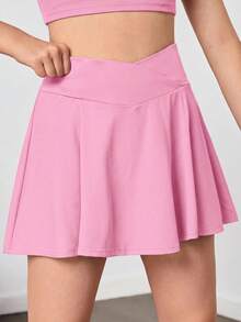 SHEIN Tween女孩春夏休閒運動高彈性舒適交叉腰褶邊下擺喇叭裙褲，附口袋瑜珈套裝，黑色 - 粉色 - 查看 7