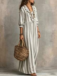 SHEIN Holidaya Women's Long Striped Print V-Neck Ruffle Collar Long Sleeve Maxi Dress, Elegant Fashionable Casual Vacation Holiday Party Business Commute Style - Multicolor - View 4