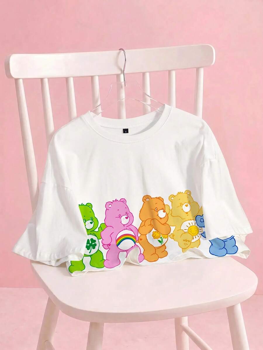 SHEIN X Care Bears 女款休閒街頭風短版T恤 卡通熊印花 野餐校園風 白色夏季款 - 白色 - 查看 1