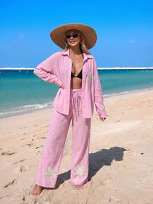 Swim Lushoire 26SS 春夏度假海灘優雅黑色刺繡寬腿褲罩衫 - 粉色 - 查看 4