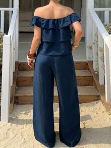 Dazy Plus Spring/Summer Vacation Style Cropped Camisole Top With Ruffle Hem And Casual Long Pants, Plus Size Women's 2-Piece Set - Royal Blue - View 5