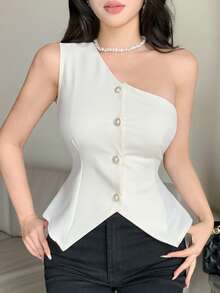 DAZY Women's Summer Autumn Asymmetric Shoulder Sleeveless Waist-Cinching Pearl Button Decor Solid Color Blouse - White - View 9