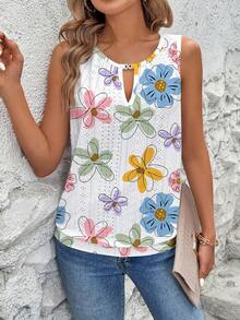 Breezaya Women's Spring/Summer Holiday Casual Embroidered Jacquard Jacquard Water Drop Keyhole Neck Sleeveless Tank Top - Multicolor - View 7