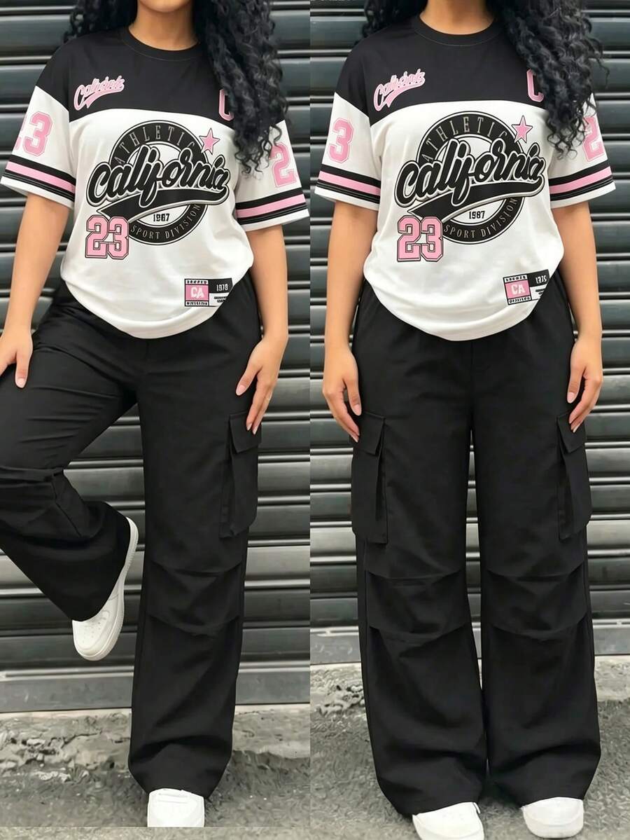 Tween女孩甜酷風美式風格套裝,粉黑復古印花T恤,亮眼吸睛,搭配黑色工裝寬腿褲,大口袋設計,個性十足,適合逛街、運動或校園穿著,輕鬆打造街頭風,拍照出片完美 - 彩色 - 查看 1