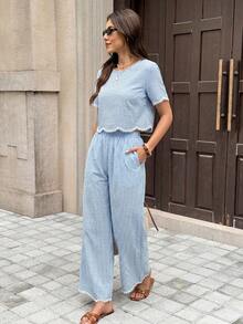SHEIN Frenchy Women's Plaid Round Neck Short Sleeve Top And Long Pants Casual Cute Daily 2 Pieces Set Beach Blue Gingham Summer - Blue and White - View 7