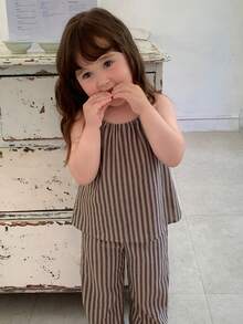 DAZY 女嬰簡單條紋上衣與寬鬆長褲套裝 夏季幼兒 - 灰色 - 查看 4