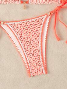 Swim Mod Bolso triangular de mujer con tela calada, unicolor, con adorno de flor de concha y perlas, estilo sexy - Naranja - Ver 5