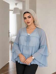 Solavon بلوزة نسائية مقاس كبير بلون موحد مع ربطة أمامية وأكمام جرس فضفاضة بتصميم دمية - الأزرق - مشاهدة 4