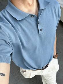 DAZY Summer Half-Button Solid Blue Commuter Men's Knit Top - Blue - View 3