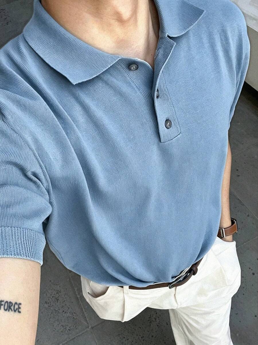 DAZY Summer Half-Button Solid Blue Commuter Men's Knit Top - Blue - View 1