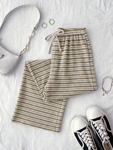 Teen Girl Knit Striped Drawstring Fitted Casual Long Pants - Khaki - View 8