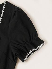 SHEIN VCAY 休閒極簡度假風白色貝殼刺繡裝飾 100% 水洗棉梭織襯衫，適合春夏度假 - 黑色 - 查看 8
