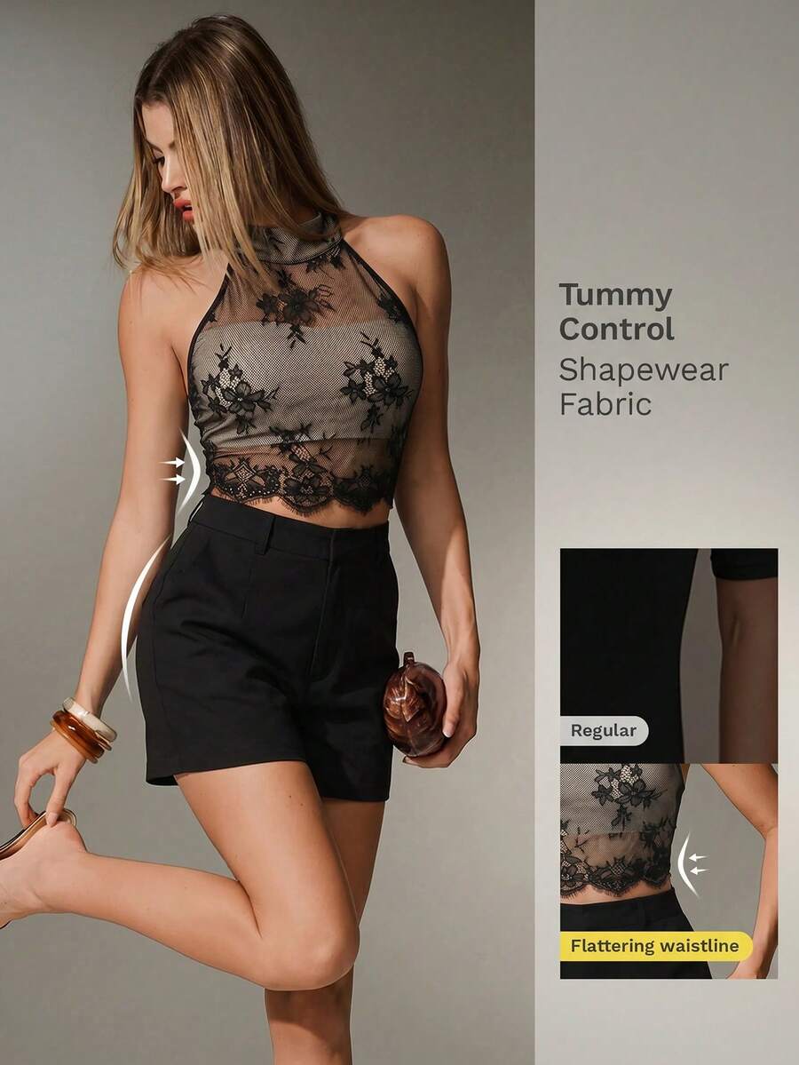 Nuvra Débardeur ajusté sexy à col licou en dentelle florale pour femmes - Noir - Voir 1