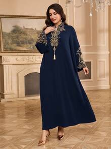 Al Najma Plus Size Women Floral Print Tassel Design Flare Sleeve Elegant Arabic Style Dress - Navy Blue - View 4