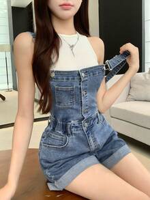 DAZY Quần yếm short denim nữ mùa hè ống rộng, gấu xắn, mài rách, màu xanh wash, phong cách Y2K - Màu xanh lam - Xem 5