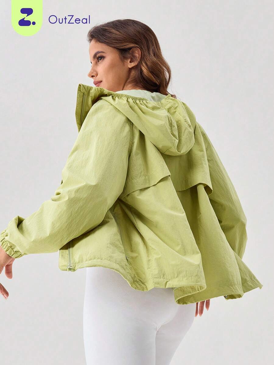 OutZeal Chaqueta de mujer para exterior de color liso para entrenamiento y gimnasio con panel de malla en la espalda y capucha - Verde - Ver 1